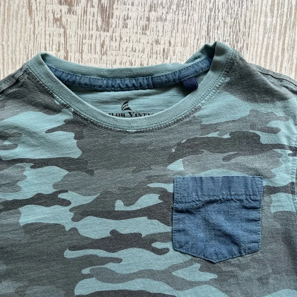 Boys Casual tshirt by Tailor Vintage Camo Print Denim Pocket Green Blue